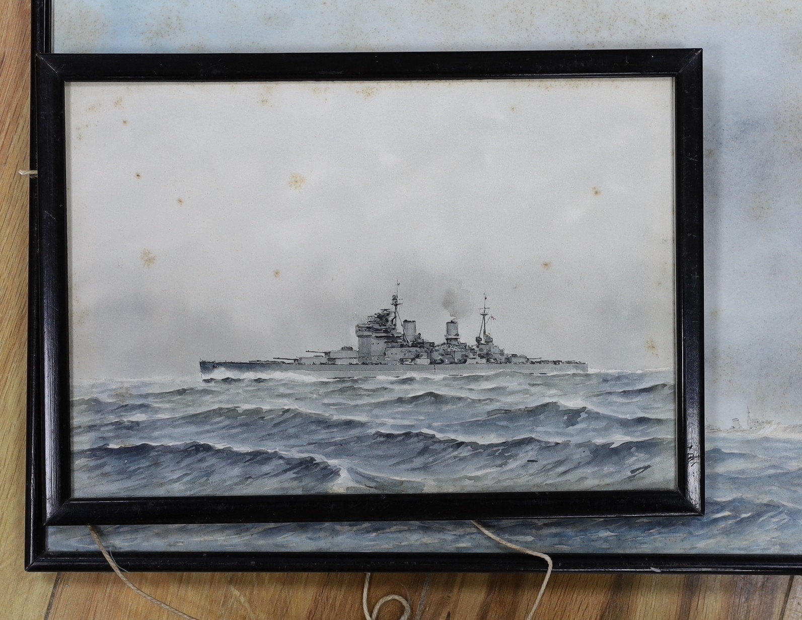 From the collection of Rear Admiral Humfrey John Bradley Moore, CBE, RI (British, 1898-1985). G. Sidney James, watercolour, HMS Vengeance, signed, 18 x 27cm, three watercolours of battleships by another hand and a group